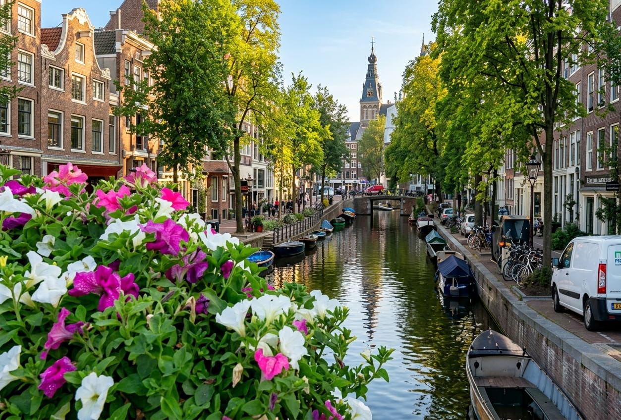 Canal view in Amsterdam, lined with historic buildings and vibrant flowers. Boats float in the serene water, with trees providing a lush backdrop.