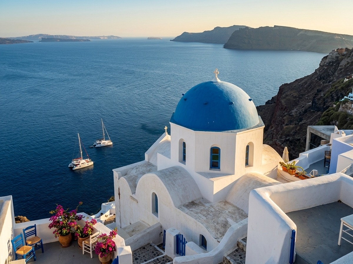 Whitewashed buildings with a blue dome overlook a serene sea, featuring sailboats and distant cliffs, capturing the beauty of Santorini.