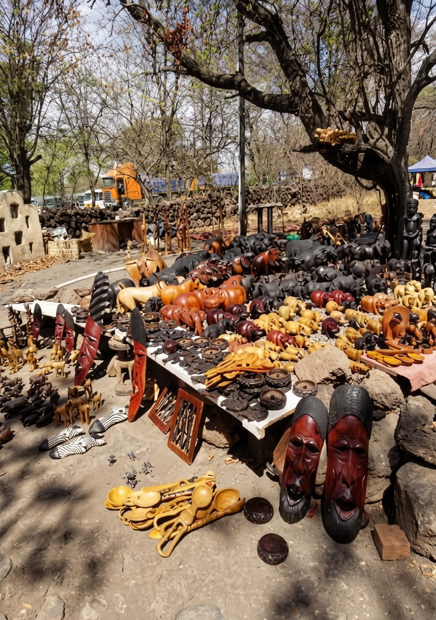 A vibrant market scene showcasing a variety of wooden carvings and masks displayed on tables, surrounded by trees and trucks in the background.